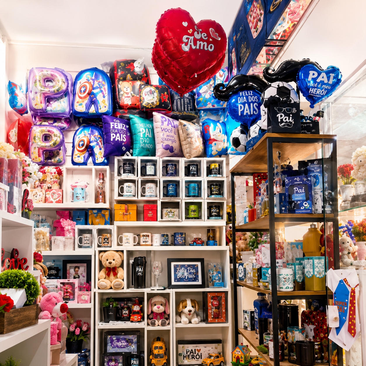 Interior da loja com balões, canecas e presentes